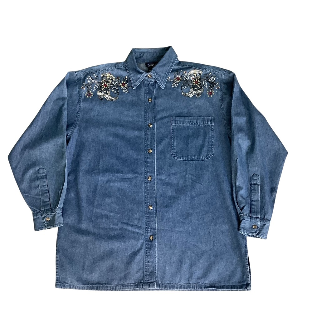 Las Olas Denim Shirt Womens L Blue Western Embroidered Cowboy Boot Rhinestone
